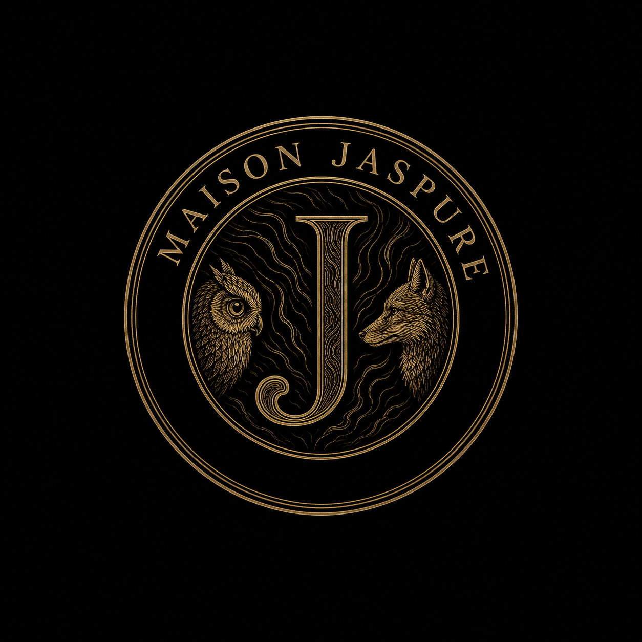 Sceau Maison Jaspure, chouette et renard autour d’un J jaspé